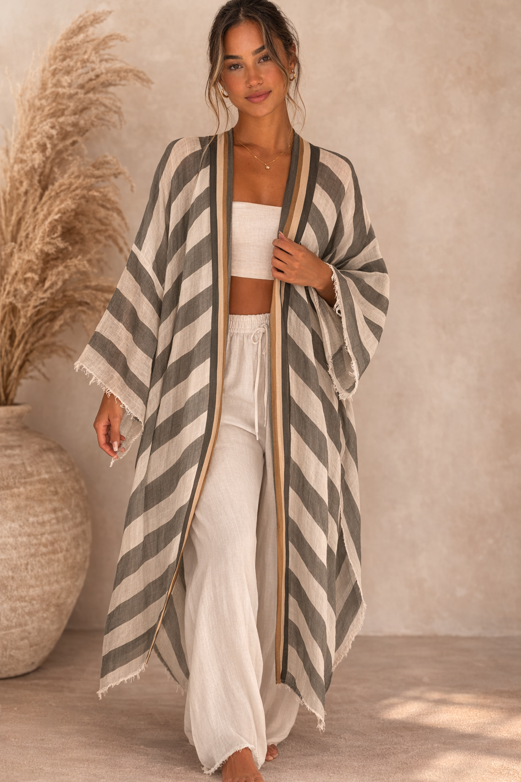 Striped Kimono Cardigan – Timeless Chic Open Front Cover Up